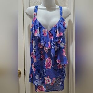 EUC Kut From the Kloth Sheer Floral Sleeveless Ruffled Blouse Size Large
